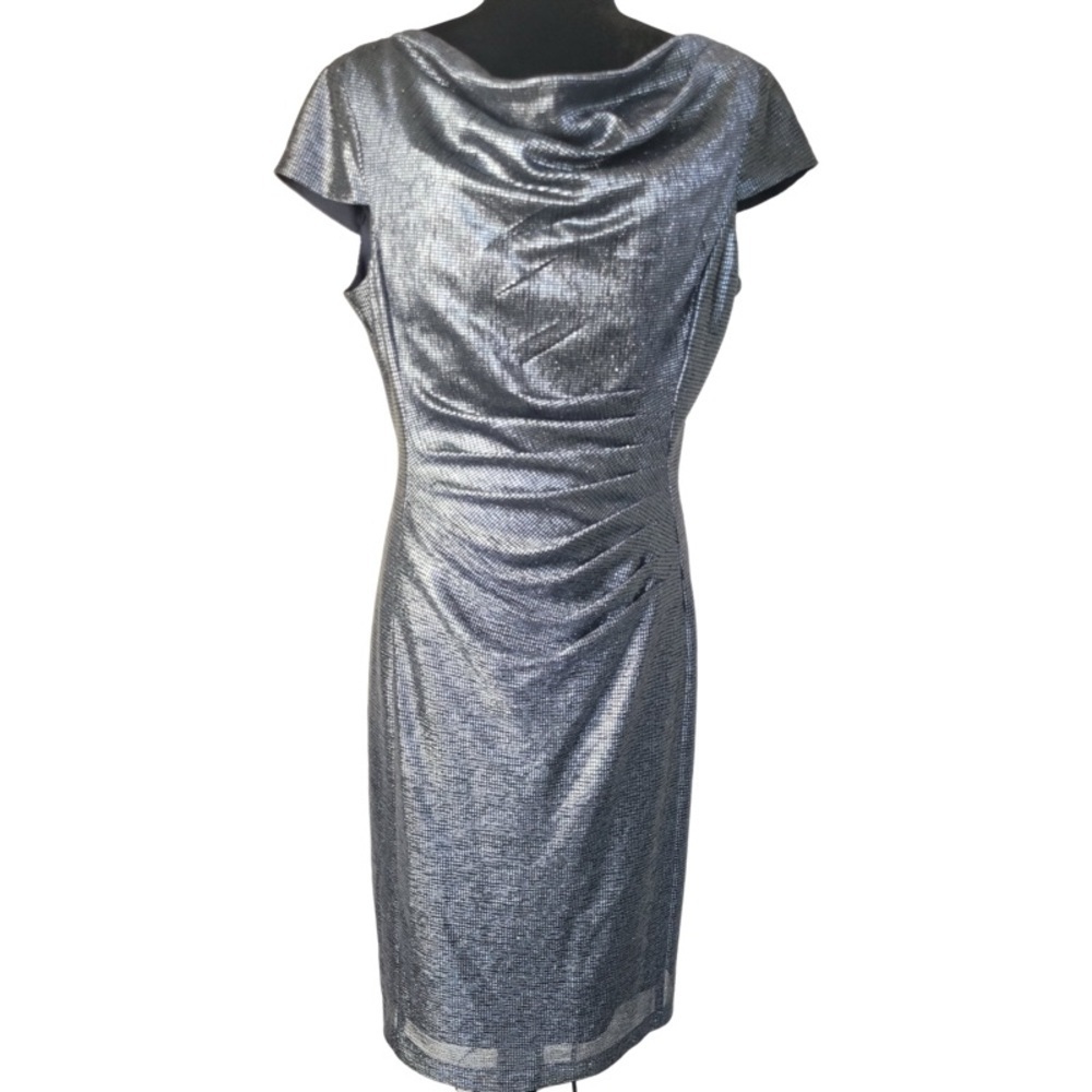 ✅ Tahari navy blue with shine open back midi dress size 14